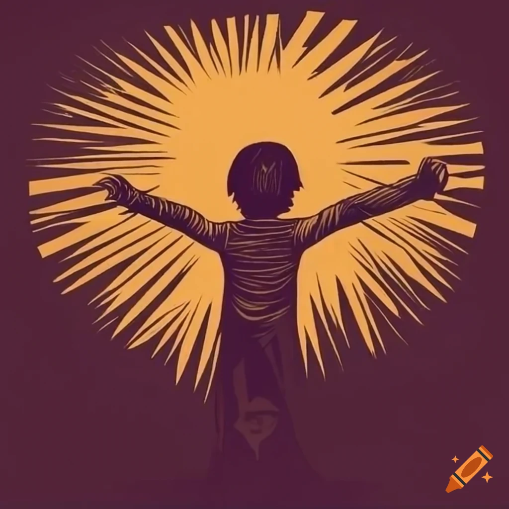 woodcut style depiction of a child reaching up into the air