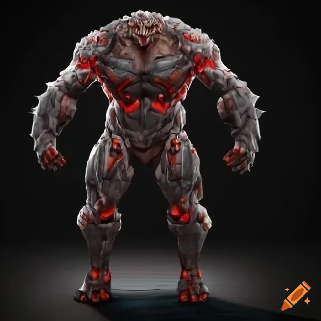 Sci-fi golem cyborg with red glowing crystals