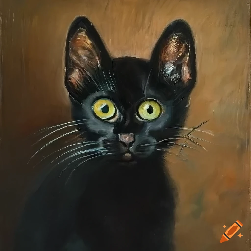 moody oil painting of a curious black kitten on a table