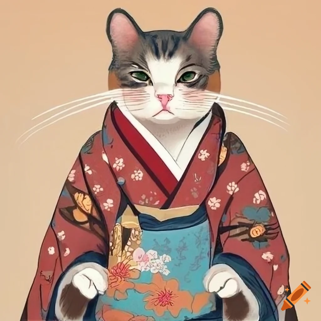 Cat wearing kimono in japanese artwork on Craiyon