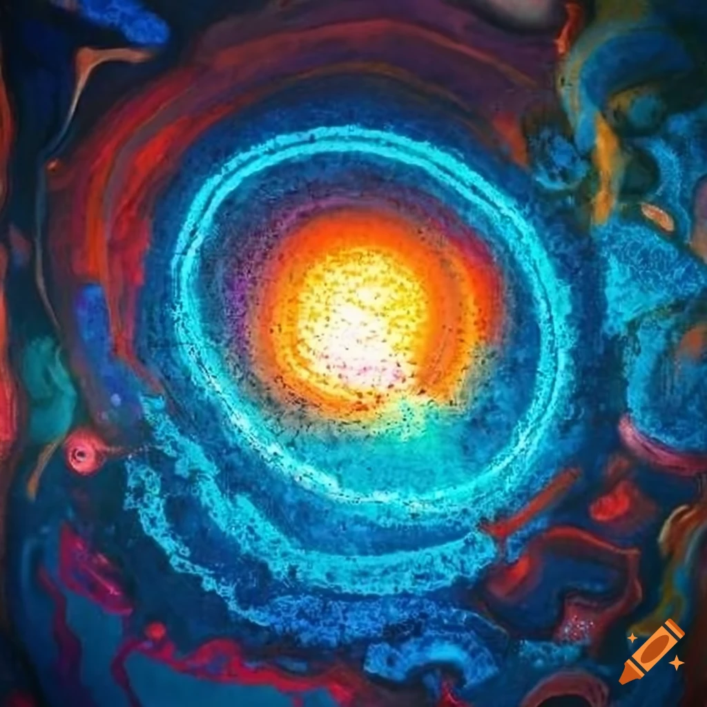 pointillistic artwork of neon fire and blue circles