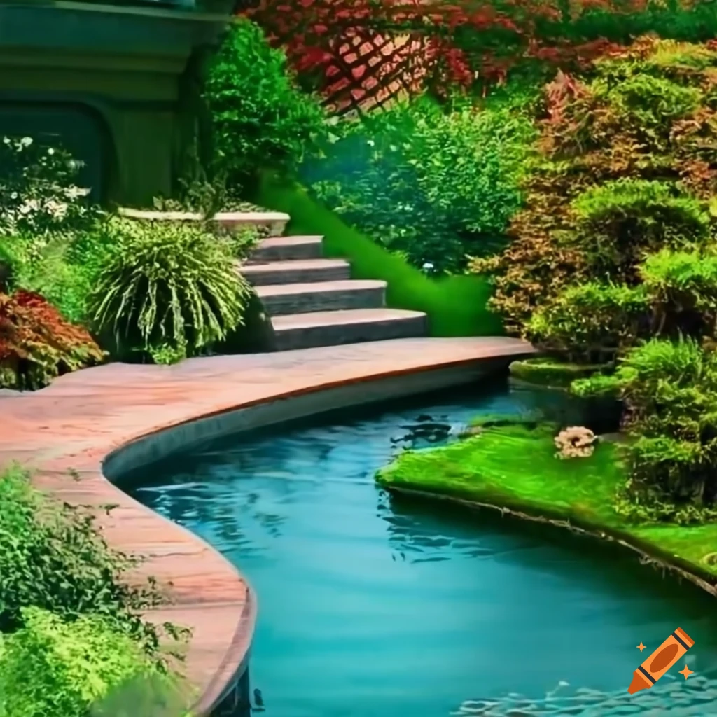 curved stairs in a garden leading to a silver balcony