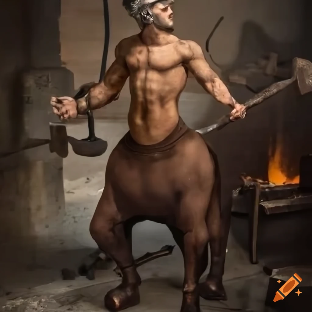 centaur warrior discussing shoes in a blacksmith's workshop