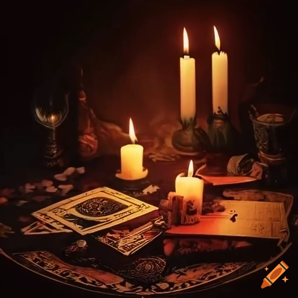 altar with candles and tarot cards