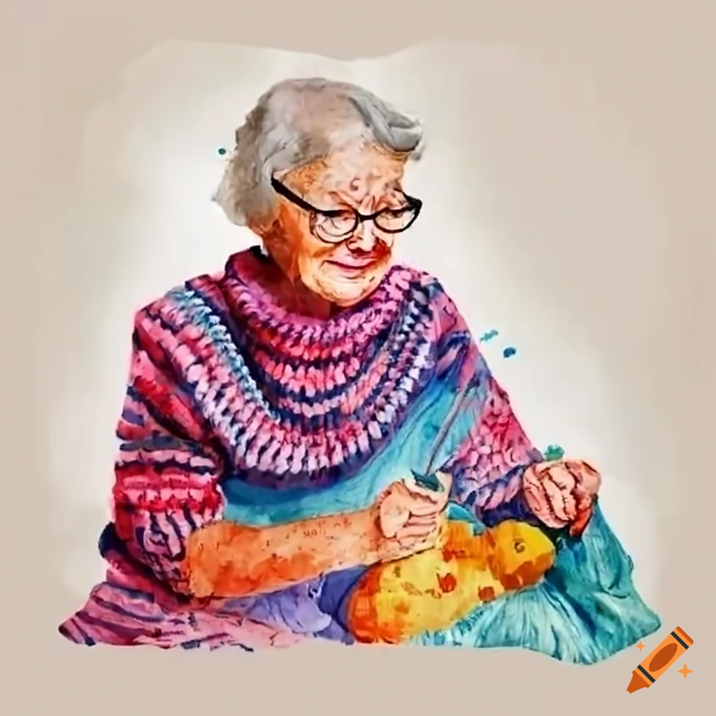 Elderly woman knitting a blanket on Craiyon