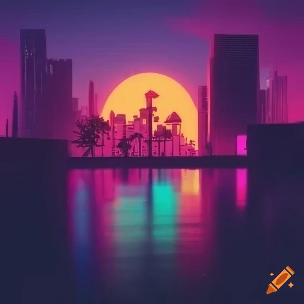 1920x1080 wallpaper of vibrant and neon-lit urban skyline with silhouetted palm trees