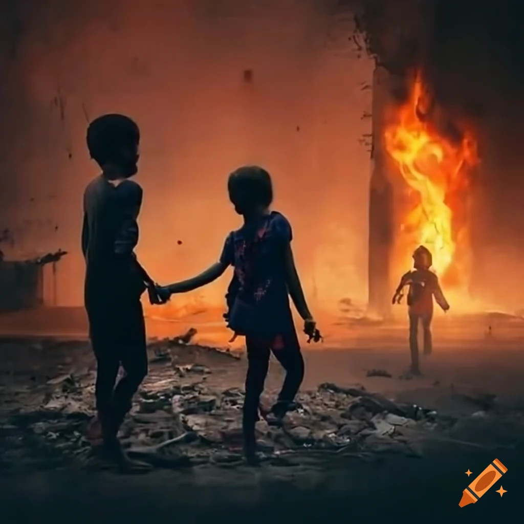 image of refugee children holding hands in a ruined city