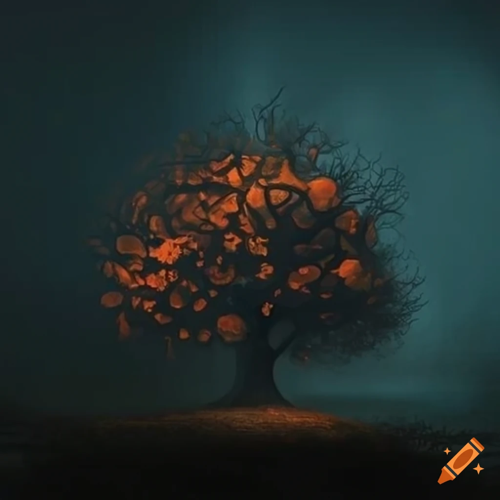intriguing artwork of a dark orange tree