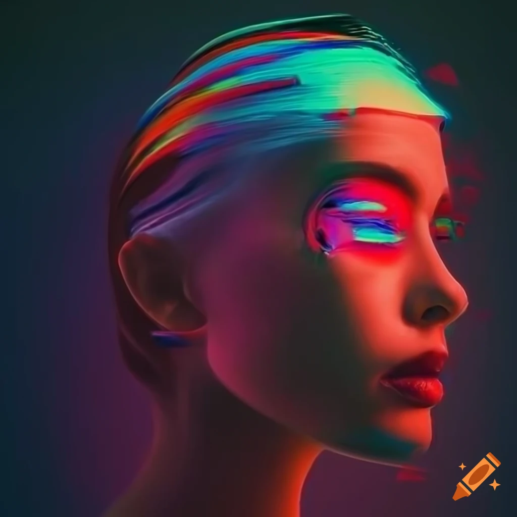 vogue model in vibrant silk clothes with glitch art effects