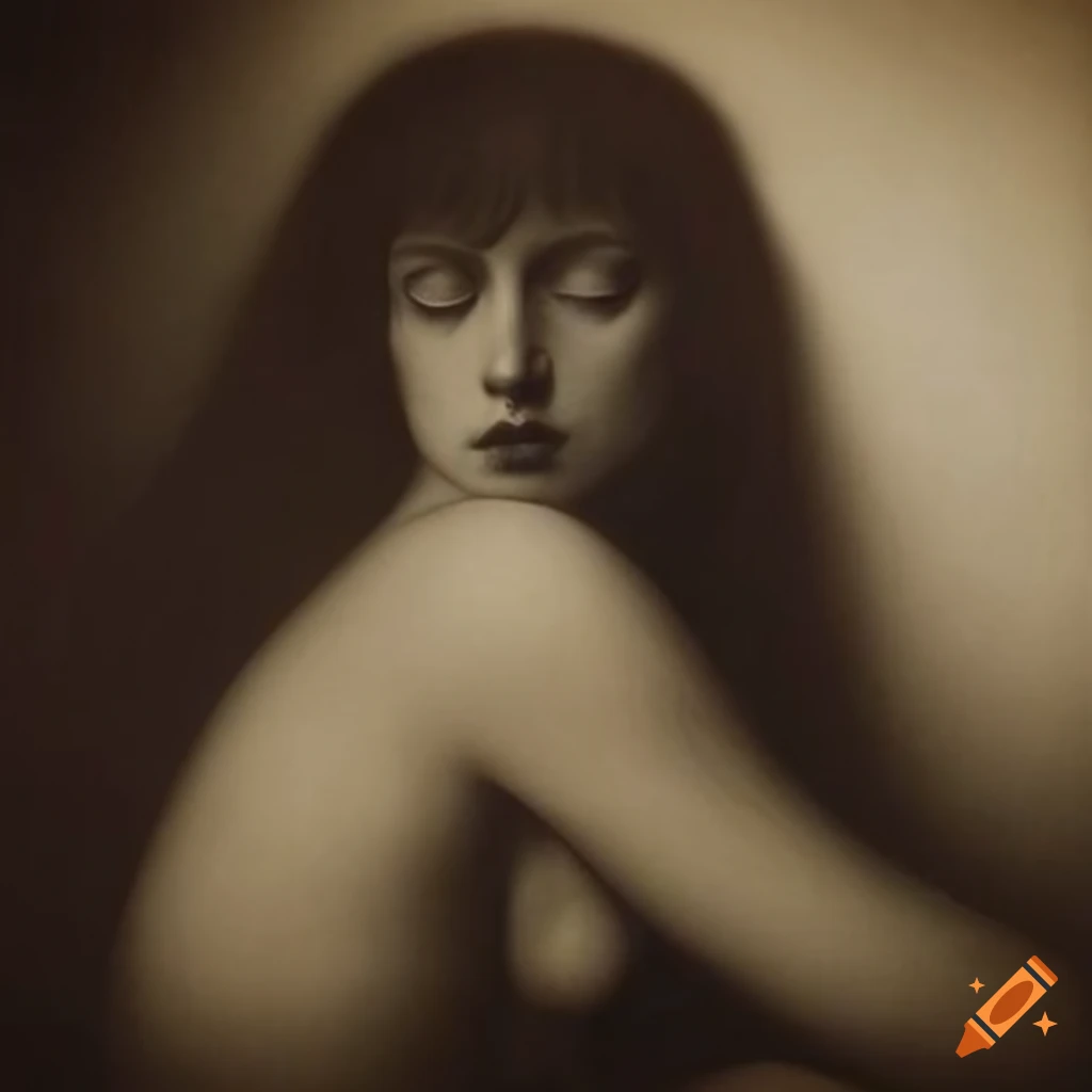 sensual mezzotint art inspired by Klimt, Titian, and Bocklin