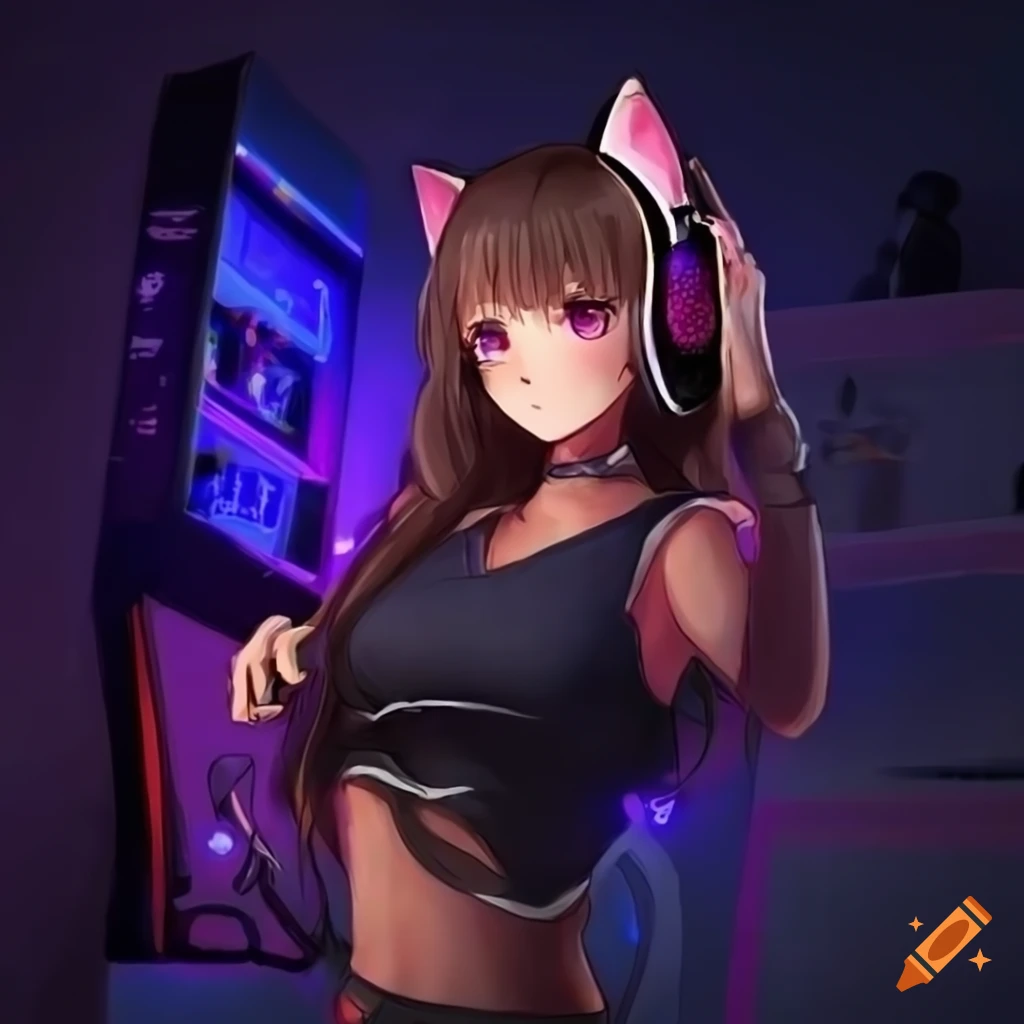 realistic illustration of an anime cat gamer girl in a gaming room