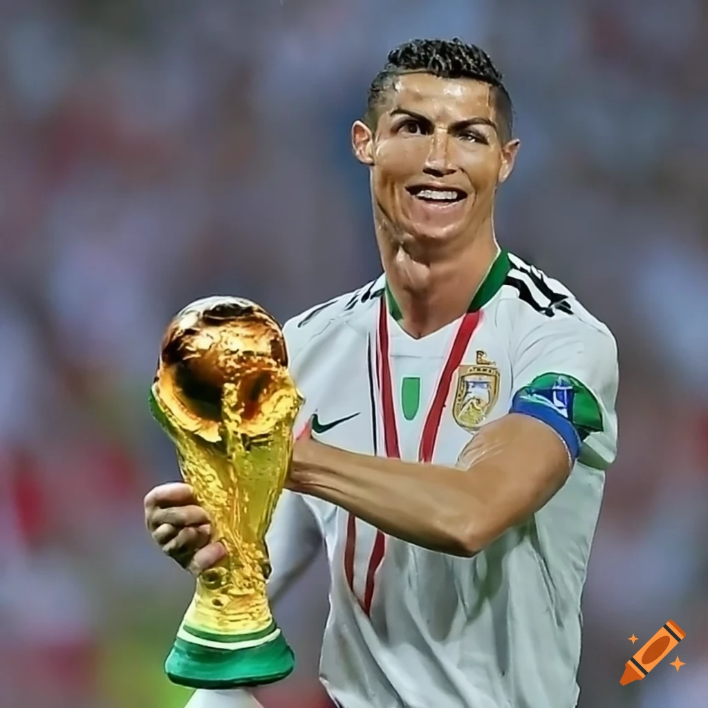 Cristiano Ronaldo celebrating with the World Cup trophy