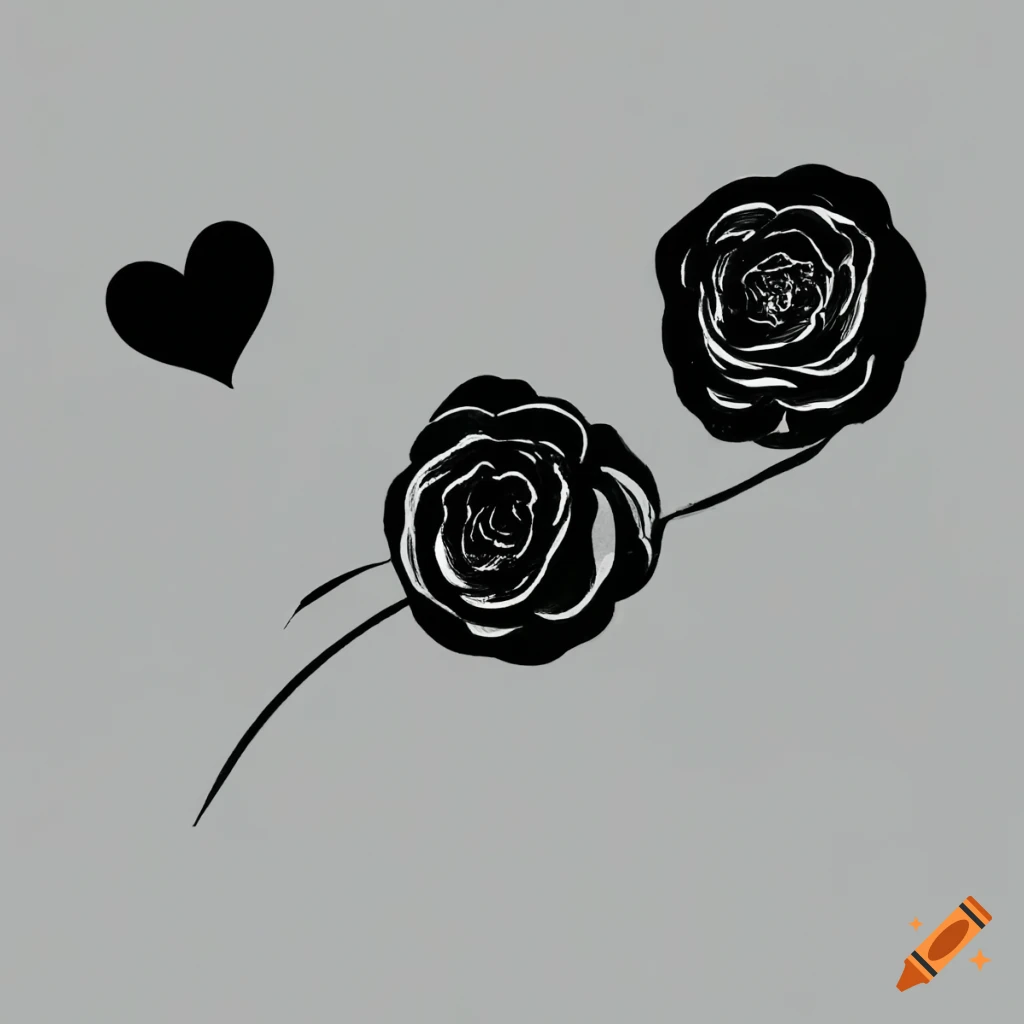 black line art of a camellia flower and heart