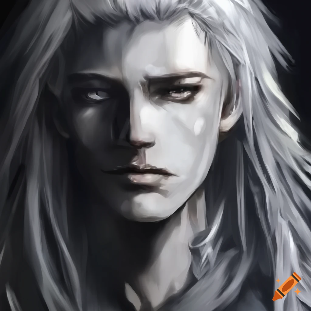 anime style illustration of a man with white hair and leather armor