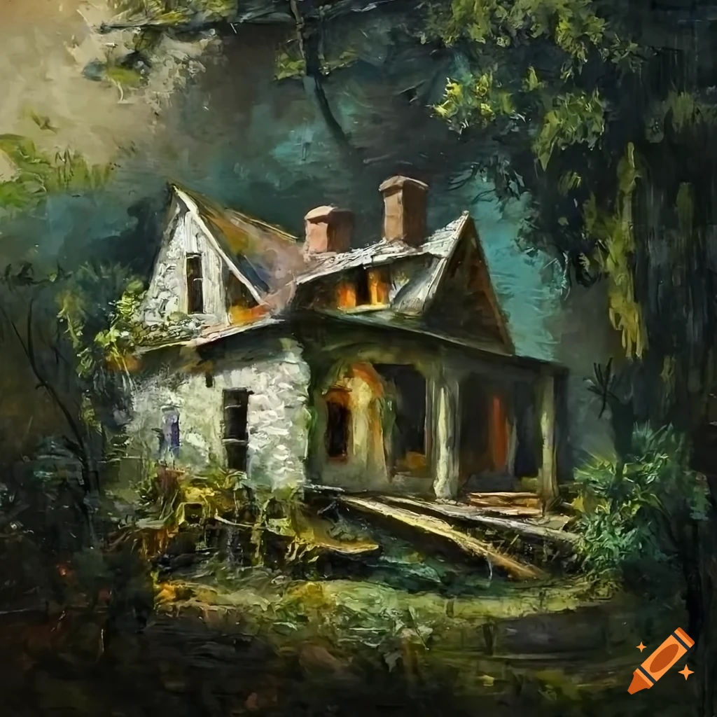 Moody oil painting of an overgrown haunted house on Craiyon