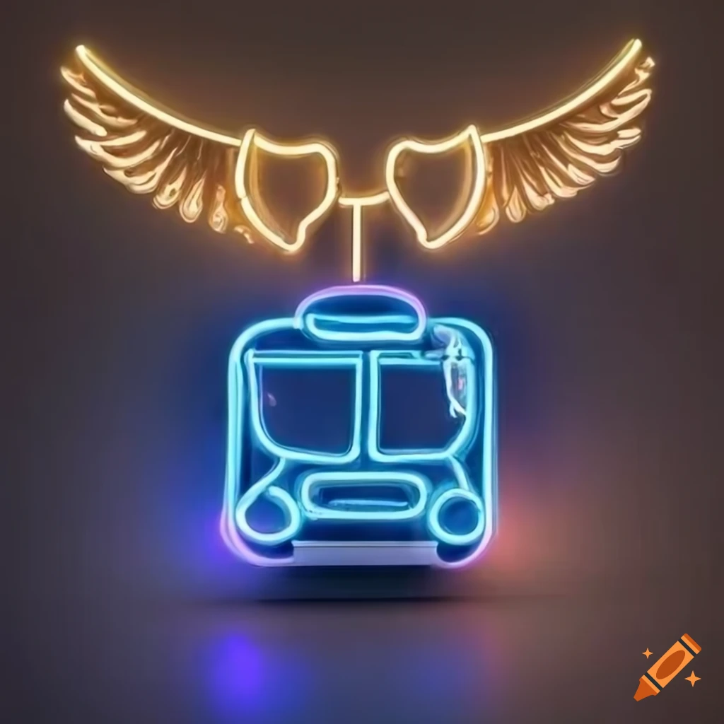 neon sign of a city transit bus with angel and demon elements