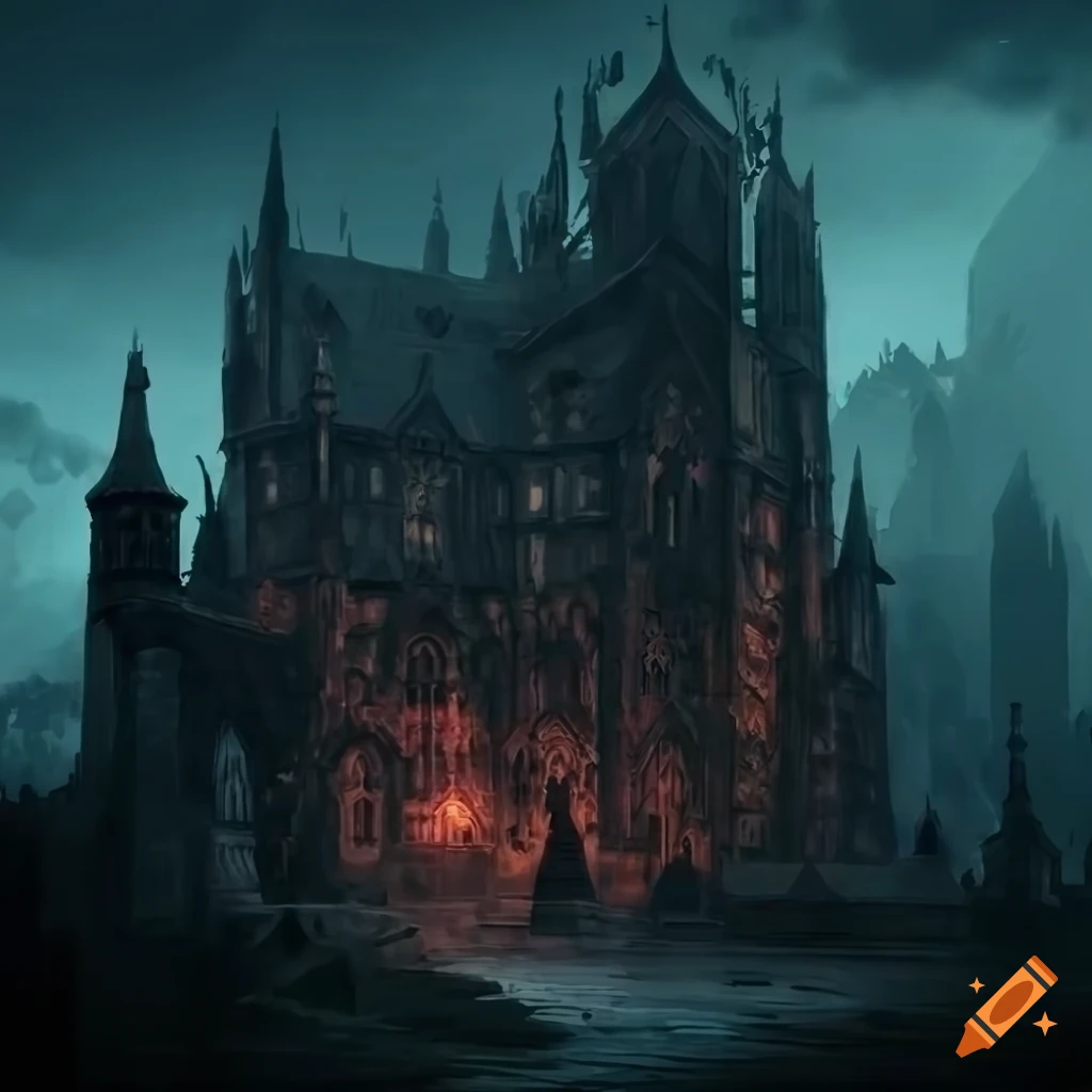 Gothic building in the main square of a dark village on Craiyon