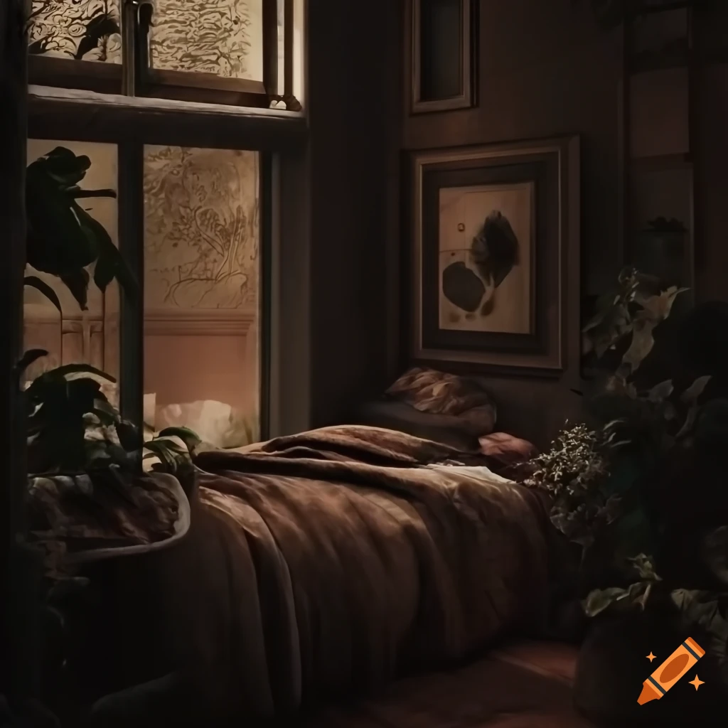 cozy dark academia bedroom with plants and artistic decor
