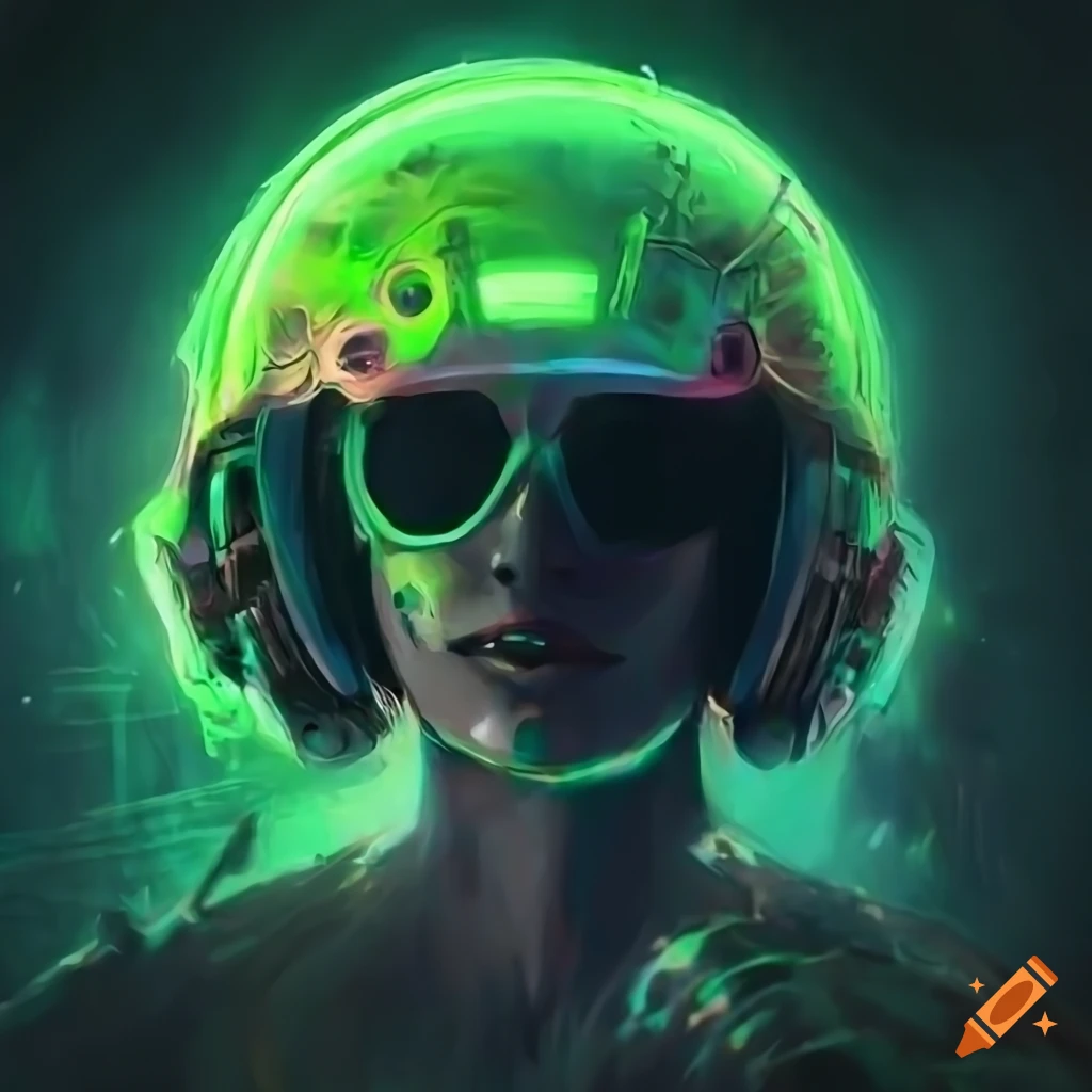 Acrylic painting of a green glowing ski helmet