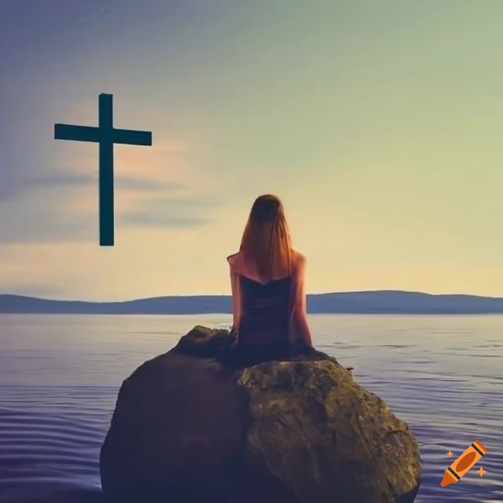Woman sitting on rock surrounded by water with cross in the sky on Craiyon, image size:1024x1024