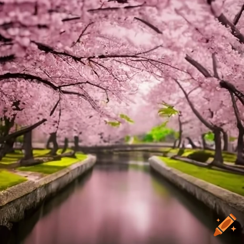 cherry blossom garden with a river