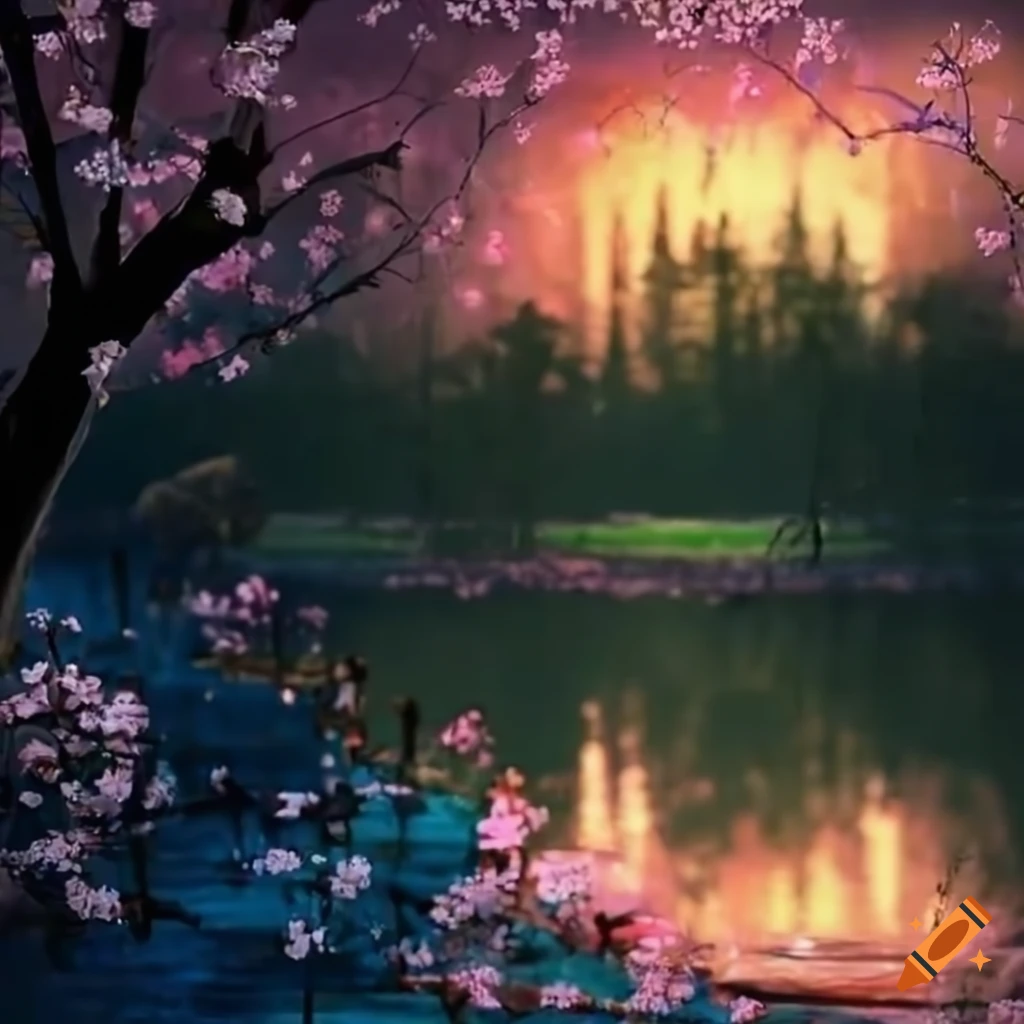 cherry blossom garden with a river
