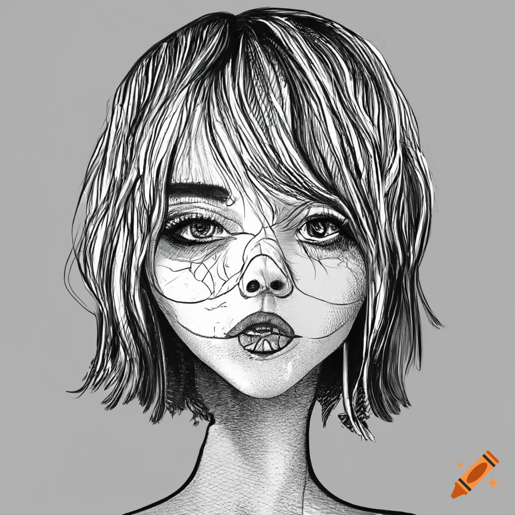 line drawing of a girl with an iguana face