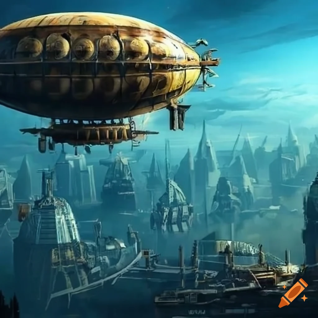 futuristic steampunk airships in the sky