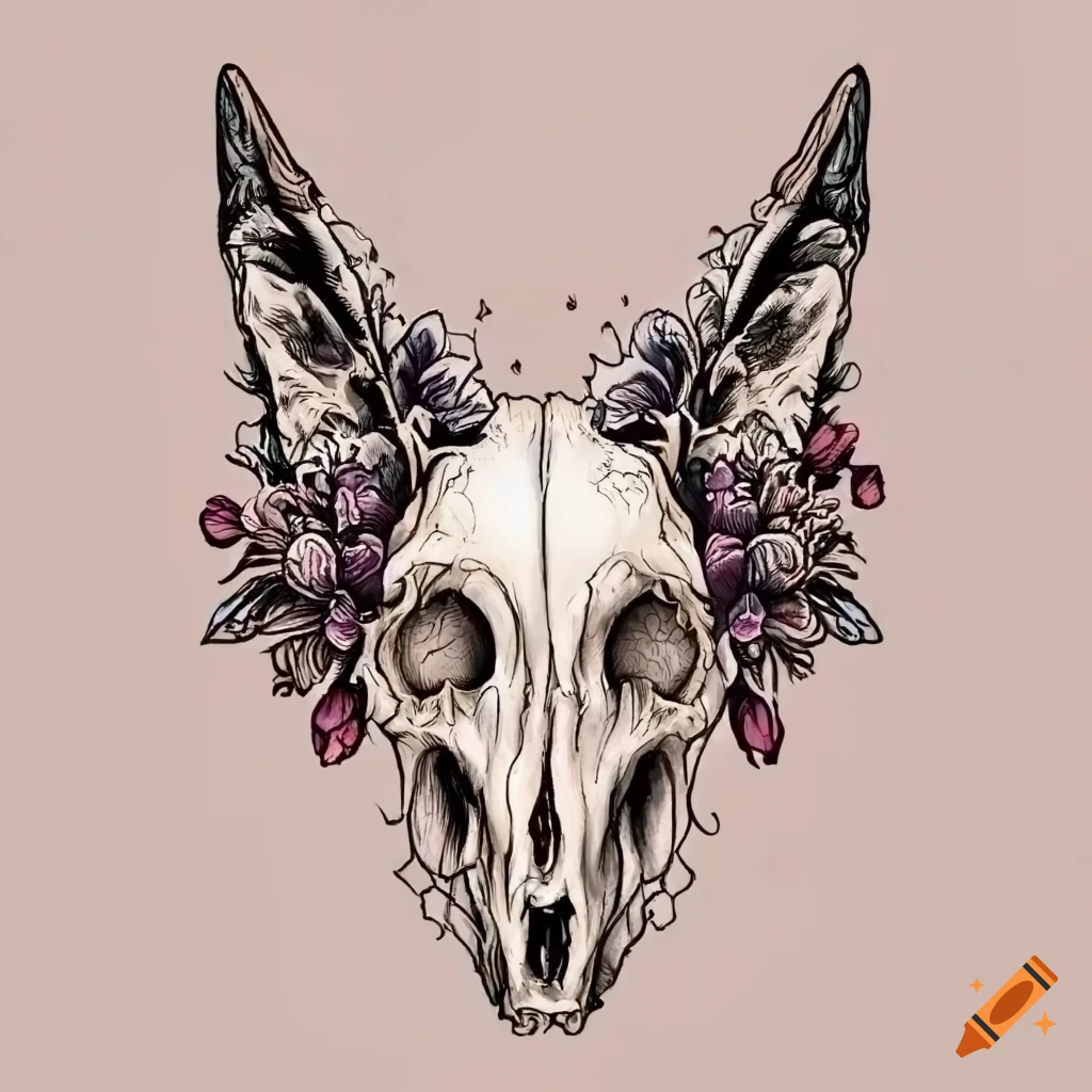 Line art tattoo of a coyote skull with flowers on Craiyon