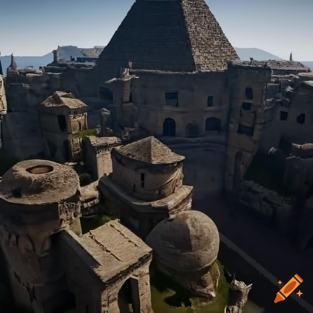 Aerial view of an etruscan city with a pyramid-like palace and rivers ...