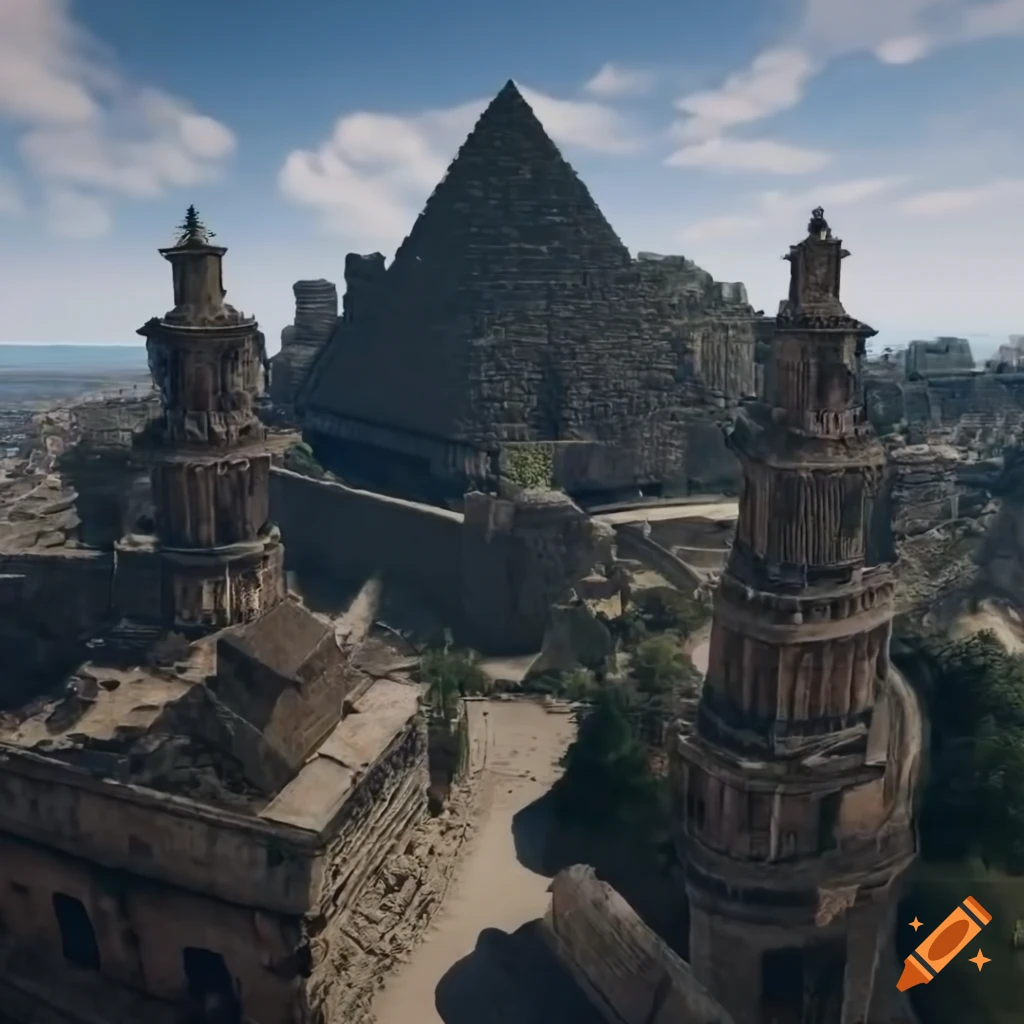aerial view of a golden-roofed etruscan city
