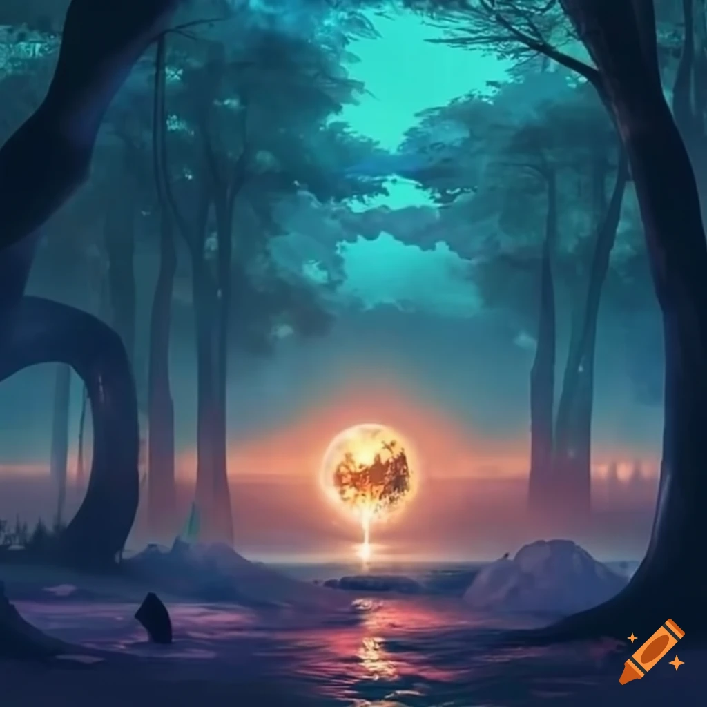magical and serene scene with affectionate characters