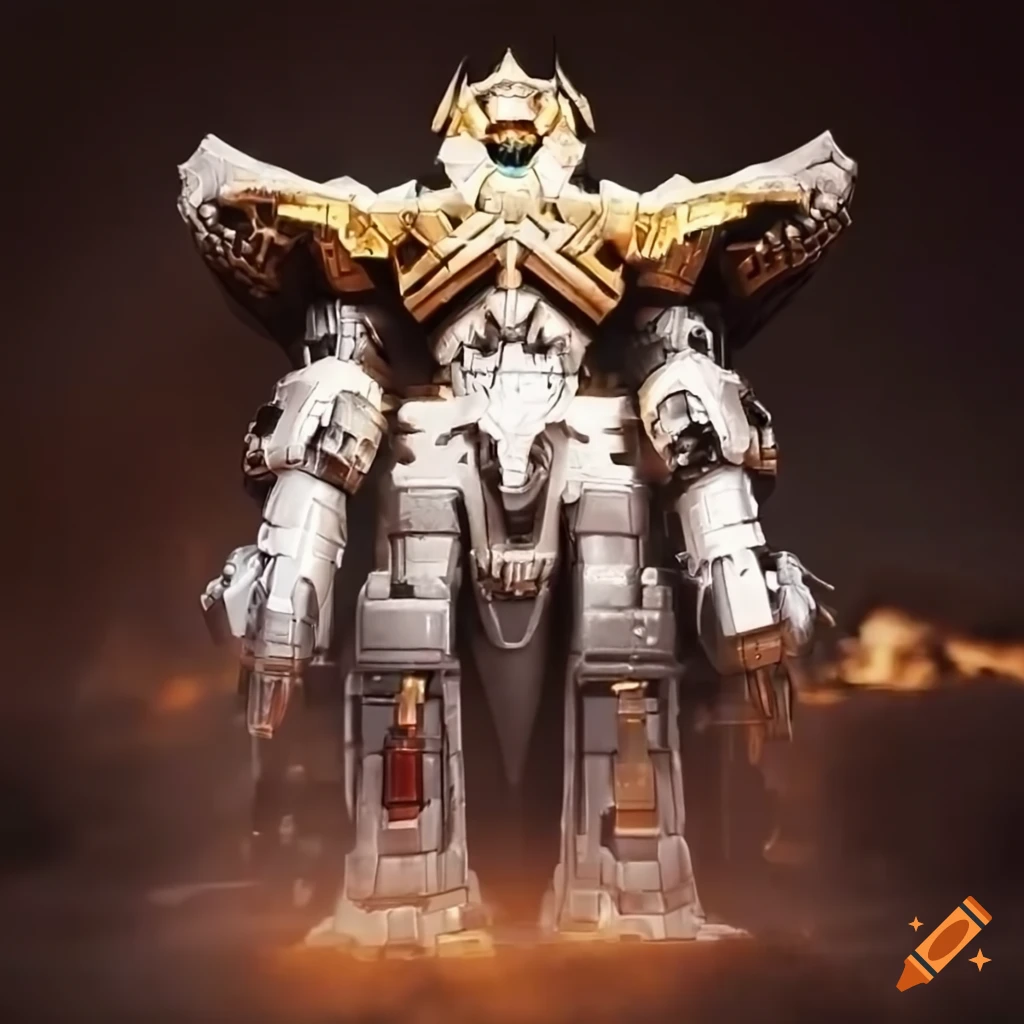 Illustration of a white lion megazord with a cannon on Craiyon