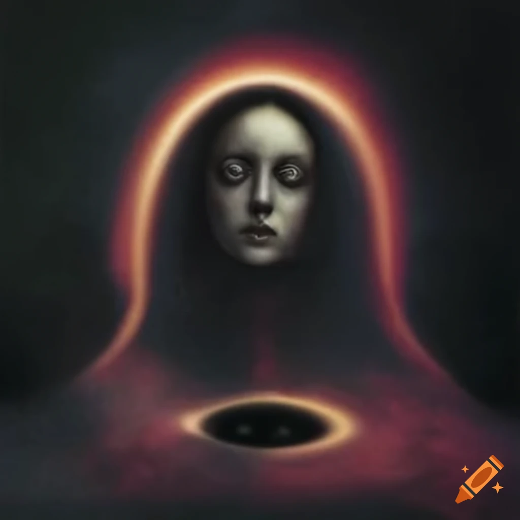 haunting artwork combining Virgin Mary and black hole