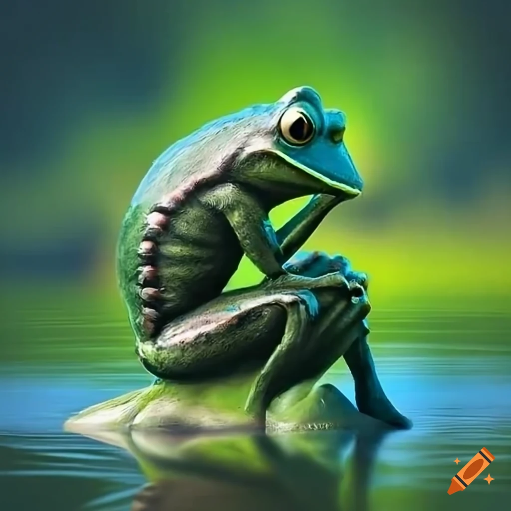 realistic statue of frog in a rustic lake