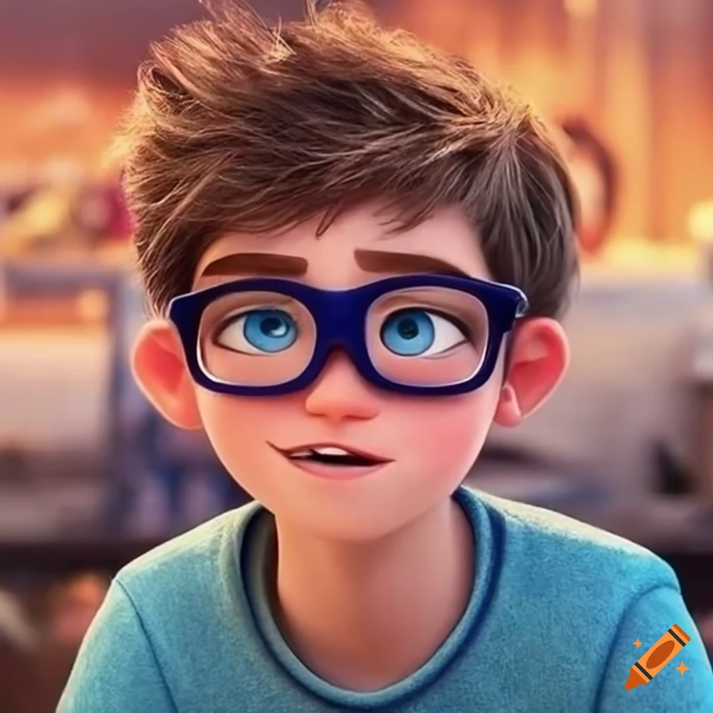 Young adult with glasses and short blond-brown hair in Disney Pixar style  on Craiyon, image size:1024x1024