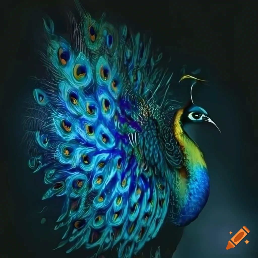 artwork of a vibrant blue peacock against a dark background