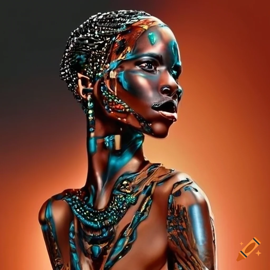 red, gold, and black abstract sideview of a cyborg African tribe