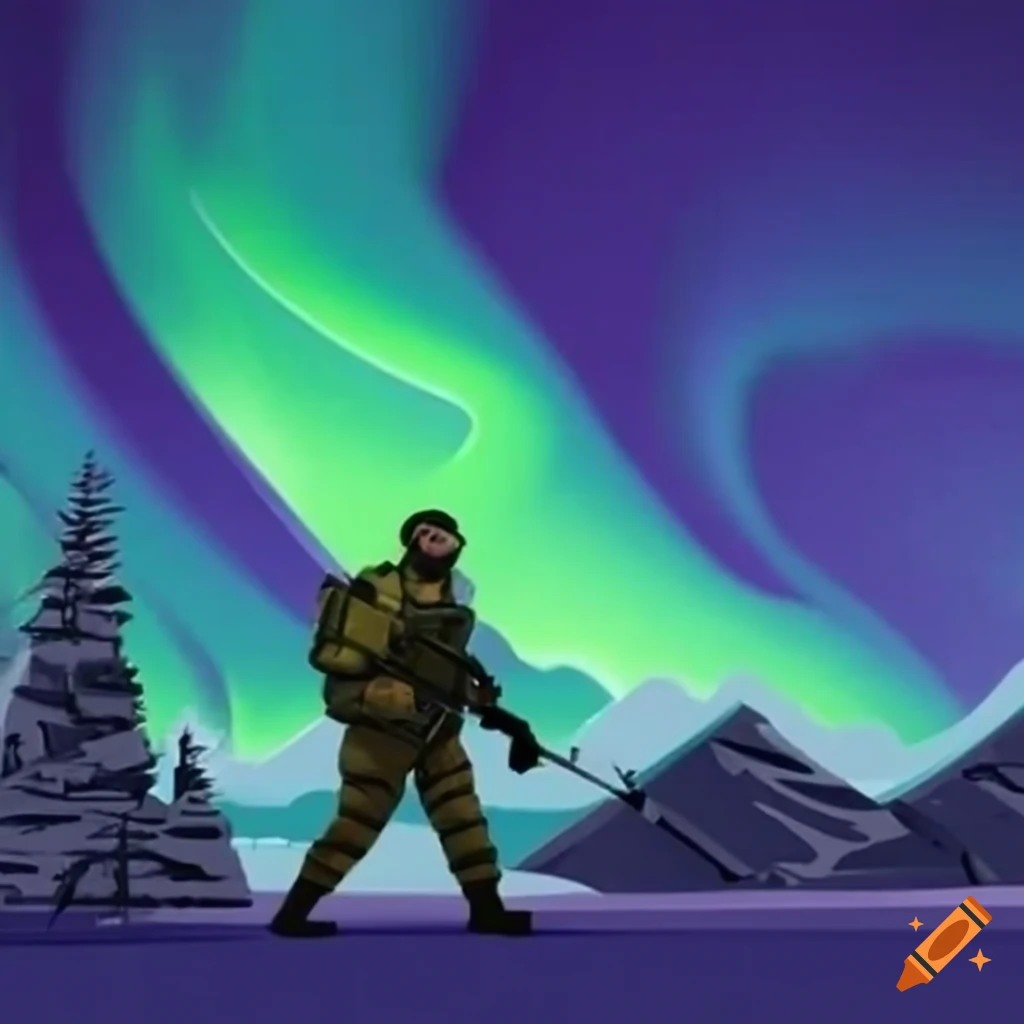 soldier walking in Norwegian mountains under northern lights