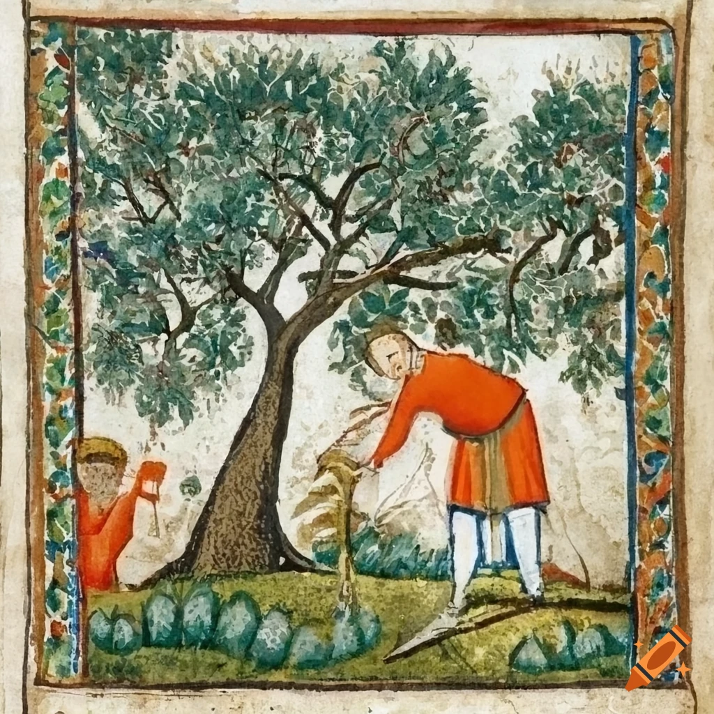 Medieval manuscript illustration of a man harvesting olive trees on Craiyon