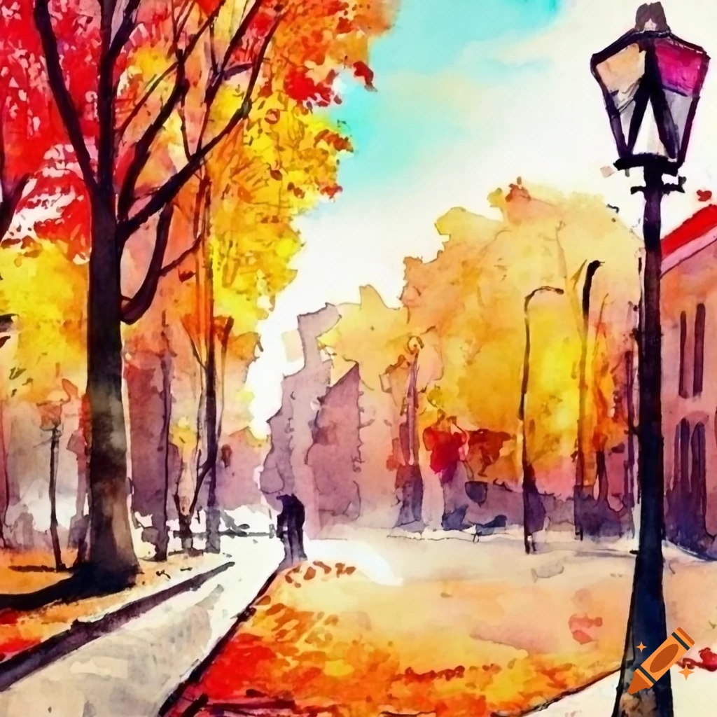 watercolor painting of a beautiful autumn urban scene