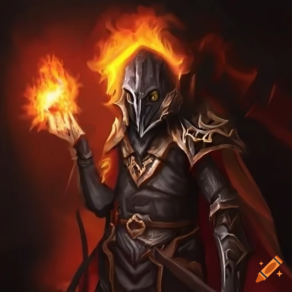 detailed digital art of a masked armored fire mage in a dungeon