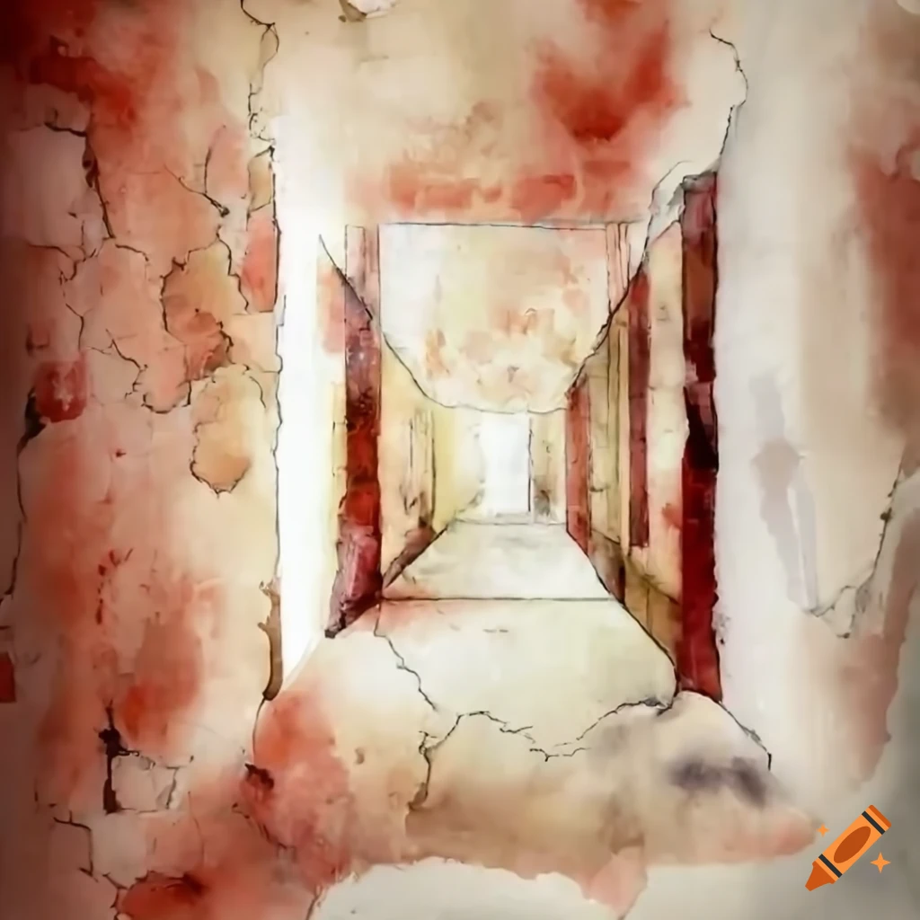 dimly lit corridor with peeling wallpaper