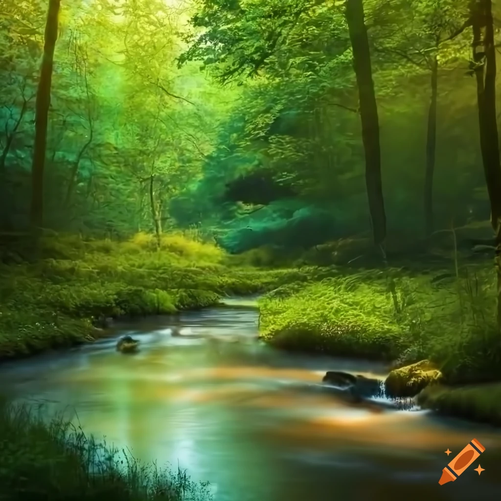 lush green forest with a streamlet in the evening