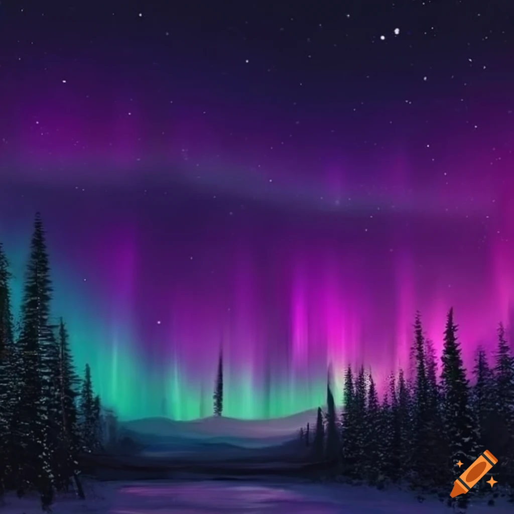 captivating artwork of a snowy night sky with vibrant Northern Lights