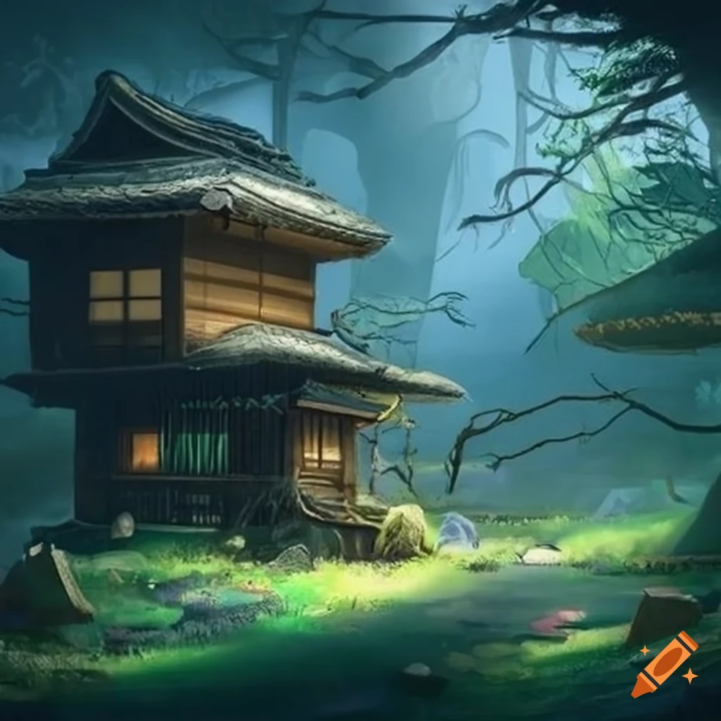 fantasy world with trees, mushrooms, and wooden houses