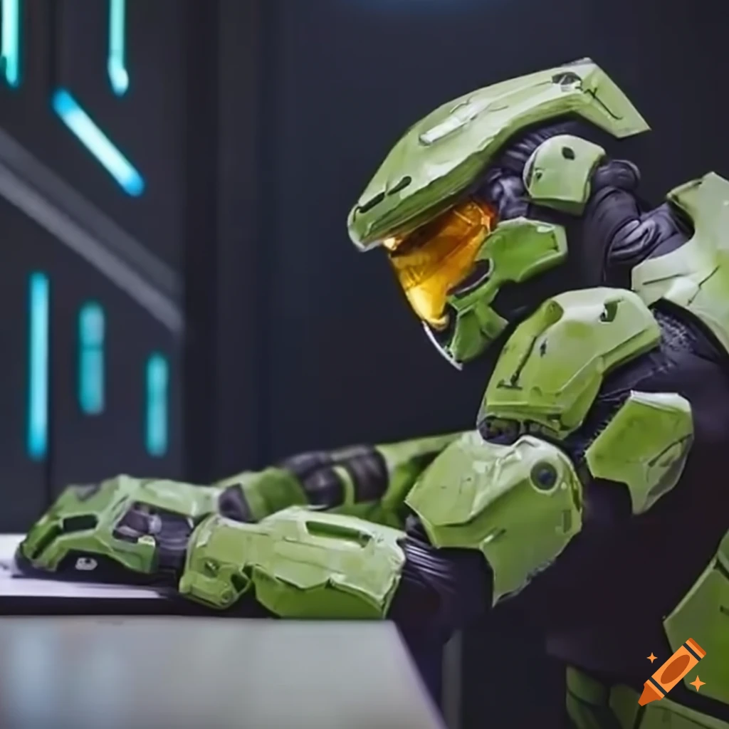 Master Chief playing Halo on a computer