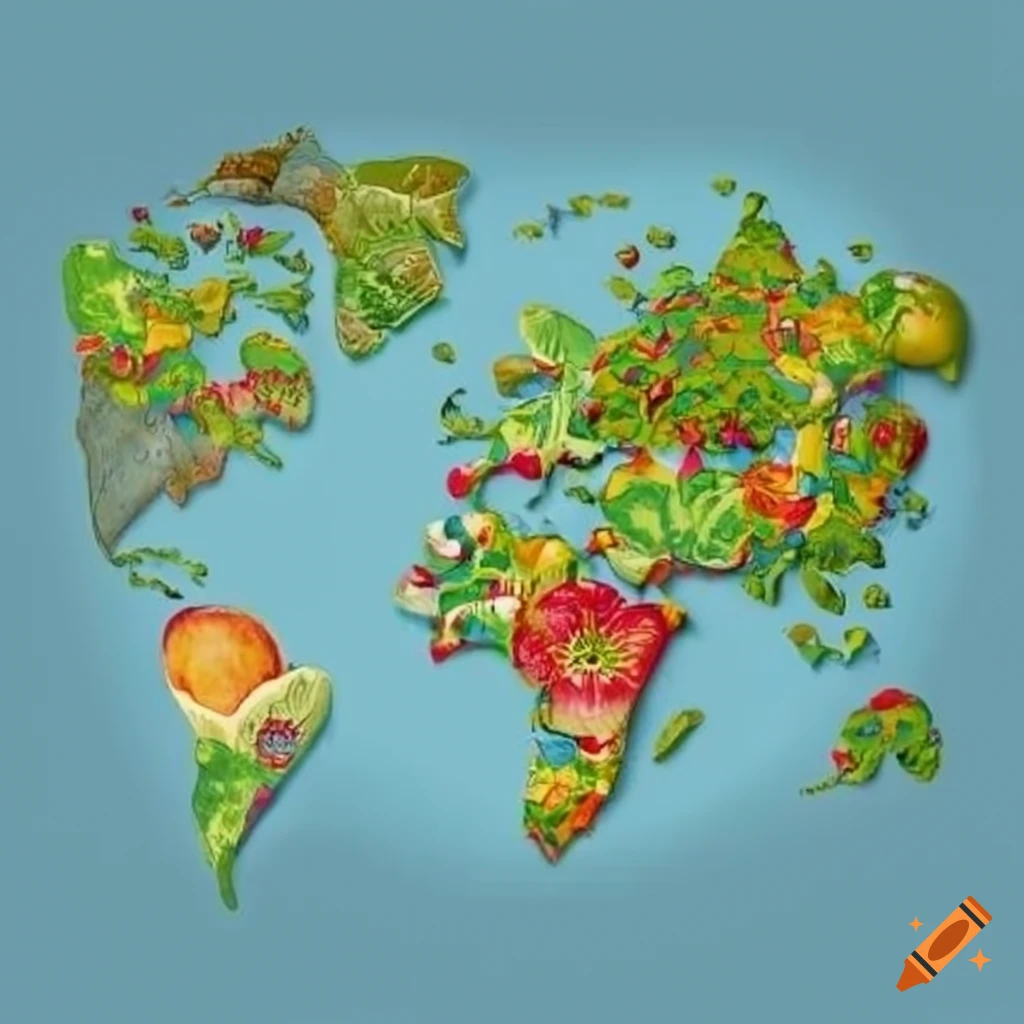 world map made with fruits and vegetables
