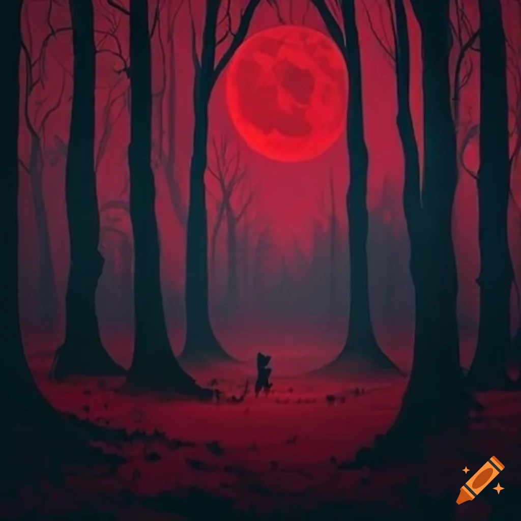 dark magic forest under blood red moonlight