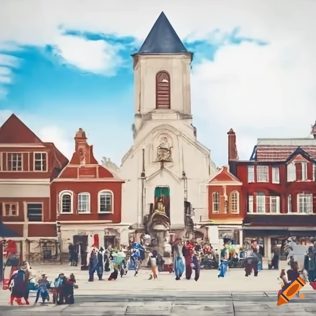 illustration of children playing in a town square with an American flag in the background